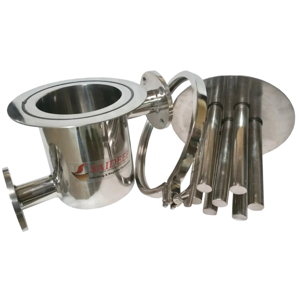 Magnetic Pipe Filter taken apart, housing with flanged side ports, a clamp ring and a lid carrying magnetic rods